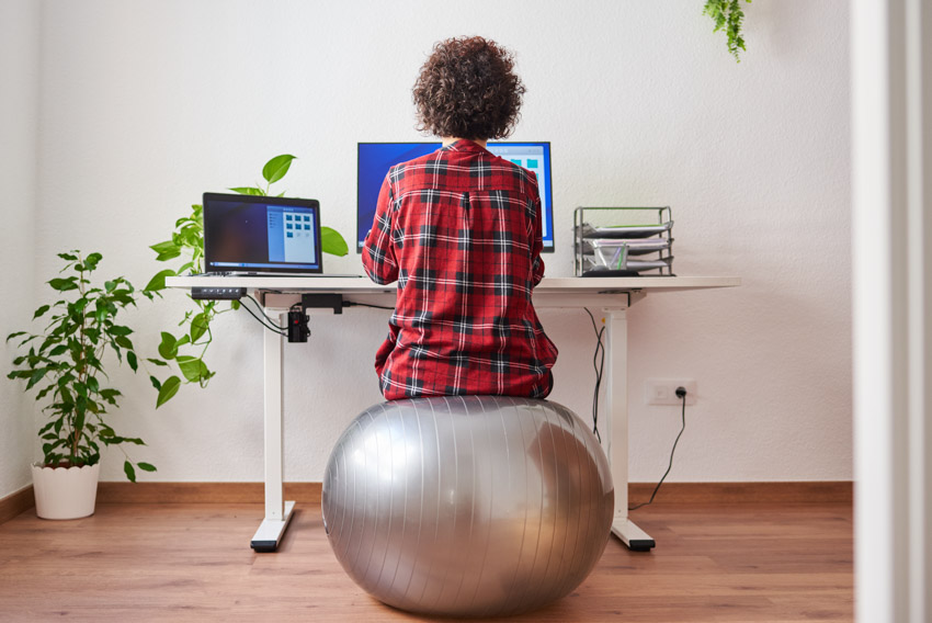 Lady Sitting On Exercise Ball Home Office Wood Flooring Indoor Plant Is 